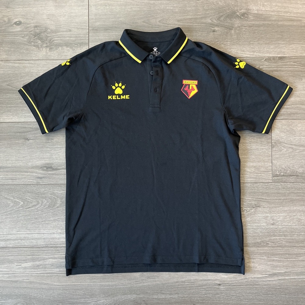 Kelme Watford FC Soccer Knit Polo Shirt Mens S Black Yellow Short Sleeve